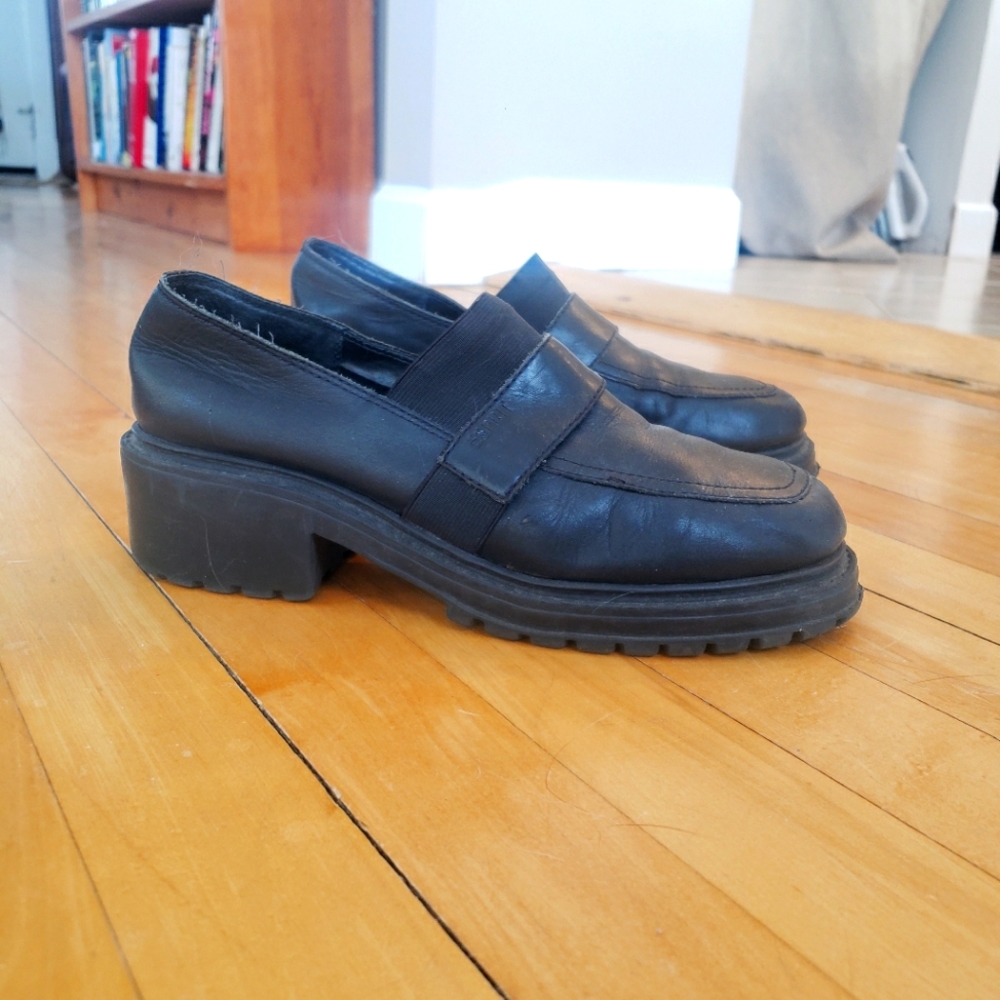 Vintage Y2K 90s Esprit Genuine Leather Chunky Heel Platform Loafers Size 8 Black
